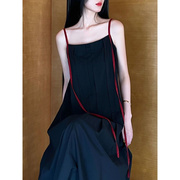 速发清冷系新中式酒红飘带暗黑，文艺吊带长裙，连衣裙小黑裙设计感小