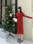 红色女新短袖冬季带简约年战袍针织毛衣连衣裙套装袖套中长裙