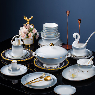 碗碟套装家用高端简约釉中碗筷景德镇陶瓷器，骨瓷餐具现代轻奢碗盘