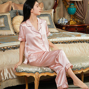 杭州丝绸100%桑蚕丝，春夏薄款真丝女短袖，长裤两件套宽松性感家居服