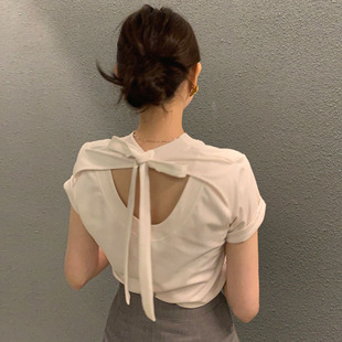 韩国chic夏季小众设计感圆领露背镂空系带，蝴蝶结宽松卷边短袖t恤
