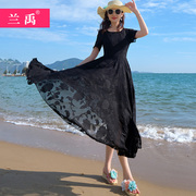 黑色长款连衣裙女2023夏收腰显瘦气质长裙大码海边度假沙滩裙
