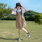 韩国女童背带裙夏装中大儿童夏季短袖洋气，公主裙子假两件套连衣裙