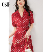 OSA欧莎复古红色波点衬衫式连衣裙女夏季2023年优雅显瘦裙子
