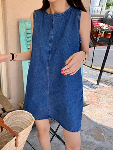 韩国chic夏季复古设计感小众后系带水洗蓝牛仔背心连衣裙短裙女
