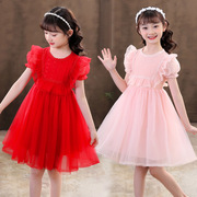 女童连衣裙夏红色(夏红色)蕾丝，短袖公主裙六一儿童节学生合唱演出礼服