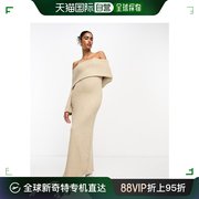 香港直邮潮奢 ASOS 女士设计珠皮呢长款露肩喇叭袖连衣裙(oat)