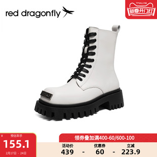 红蜻蜓马丁靴女2023年冬季潮酷方头中筒靴齿轮厚底增高靴子