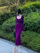 卡戴珊紫色收腰吊带鱼尾连衣裙性感包臀裙掐腰不规则短款针织开衫