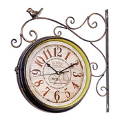 厂销田园双面客厅挂钟静音，铁艺时钟简约两面创意装饰复古钟表品