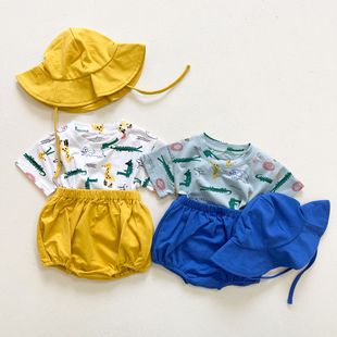 男婴儿衣服夏装短袖套装宝宝，t恤夏季三件套男童，1周岁以下送遮阳帽