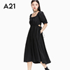 a21女装气质连衣裙，女夏季法式方领收腰，短袖黑色中长裙