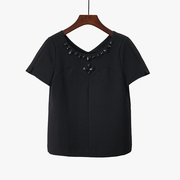 品牌折扣女装夏季短款黑色修身显瘦韩版后v领气质百搭钉珠雪纺衫