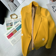黄色外套女西装，领双排扣修身型2022年春季中长款通勤纯色长袖西服