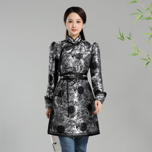 蒙古族服装女士连衣裙改良中长款蒙古袍时尚海浪花纹织锦缎民族服