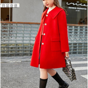 女童红色双面羊绒呢大衣外套韩版洋气加厚口袋小女孩儿童中长上衣