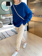 克莱因蓝圆领套头毛衣女2022年冬季慵懒风宽松小个子针织毛衫