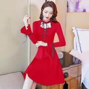 法式红色礼服裙年会女秋冬季小香风纱网长袖打底小个子连衣裙性感