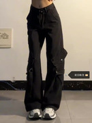 大码黑色牛仔工装裤女夏季设计感高腰阔腿裤高街vibe直筒拖地裤子