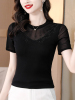 气质圆领网纱T恤女短袖夏季黑色烫钻上衣修身洋气性感打底衫