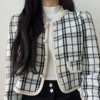 韩国chic春季名媛气质小香风珍珠单排扣长袖短款格子外套开衫上衣