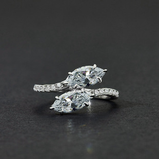 s925纯银蛇形戒指六爪树叶形群镶进口高碳钻奢华个性排钻戒指