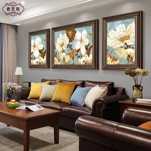 美式客厅装饰画沙发背景墙挂画手绘油画欧式三联画壁画轻奢高级感