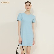 CANVAUS夏季短袖连衣裙女宽松气质韩系小个子泡泡袖圆领中腰裙子