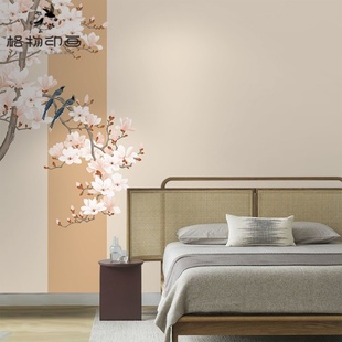 新中式淡雅玉兰花鸟客厅背景墙布壁纸卧室墙纸壁布环保无纺布壁画