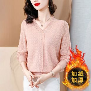 秋冬v领套头蕾丝边钉珠显瘦时尚针织打底衫女士韩版气质毛衣