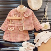 女童小香风格子套装夹棉加厚2023冬季韩版儿童时尚外套半身裙