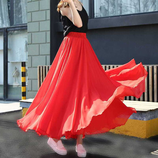 8米三层雪纺超大摆半身长裙仙气拖地沙滩裙新疆舞裙大红色半身裙