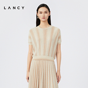 lancy朗姿2023夏季针织套头衫，女条纹短款短袖，高级感修身上衣