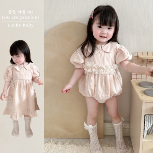 韩国ins款夏季女宝宝娃娃领姐妹装公主短袖蕾丝花边哈衣连体爬服
