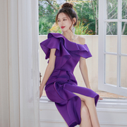 设计感立体荷叶边斜肩连衣裙dollytang小众紫色，生日裙日常小礼服