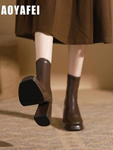 真皮瘦瘦靴子女2023秋冬季单靴马丁靴小个子33码粗跟高跟短靴