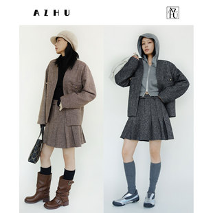 AZHU 缪风V领简约羊毛小香风套装秋季短外套+百褶短裙两件套
