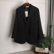 AMLY重工镶钻西装外套女春季韩版中长款黑色西服上衣24026