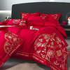 长绒棉刺绣纯棉大红色绣花被套婚庆，床品贡缎60支纯色床单式四件套