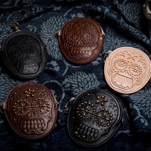 墨西哥骷髅造型皮雕硬币包 真皮钥匙包钱包 素面 黄铜扣环 打钉款