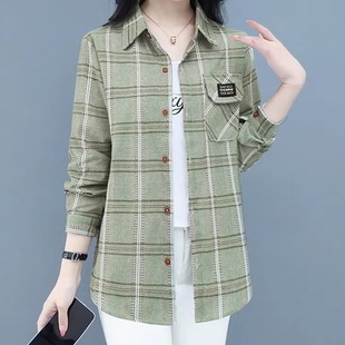 中老年女装纯棉格子衬衫中年春秋全棉长袖大码衬衣女妈妈夏装上衣