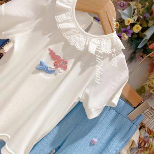 a7293女童韩版套装夏季可爱人鱼，短袖t恤花边喇叭裤时髦两件套
