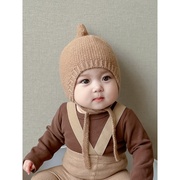 韩版婴儿帽子秋冬保暖毛线帽可爱纯色百搭奶嘴针织男女宝宝护耳帽