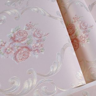 浅粉色3d美式田园，玫瑰花墙纸卧室客厅背景，酒店奢华欧式浮雕壁纸