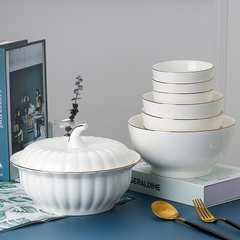 碗家用吃饭陶瓷米饭碗欧式金边白瓷面碗大号汤碗餐具套装可微波