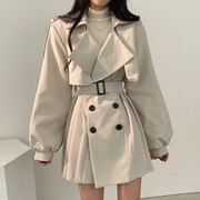 韩国chic复古西装领双排扣系带收腰灯笼袖小个子百褶风衣外套女