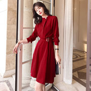 收腰显瘦职业新质j女装202秋季气款时袖红色大摆长尚中长款连衣.