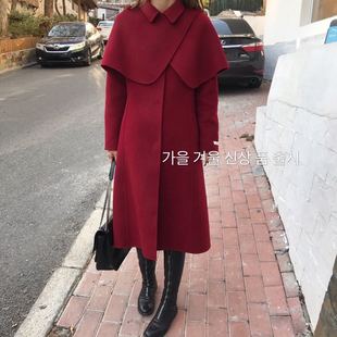 2022年春季韩国斗篷两件套中长款高级红色双面羊绒大衣羊毛外套女