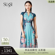 sussi古色夏季绿色，古典印花立领，短袖中长款高腰连衣裙女