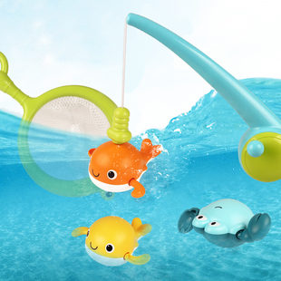 儿童发条上链戏水鲸鱼，游泳网捞浴室洗澡玩具宝宝磁力钓鱼玩具捞鱼